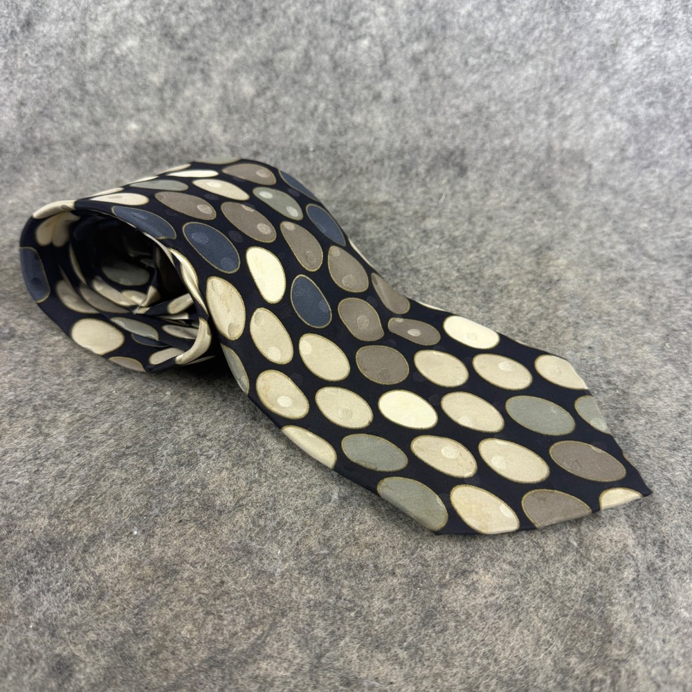 Bachrach Mens Silk Tie Made in Italy Geometric Oval Pattern Black Tan Grey Blue